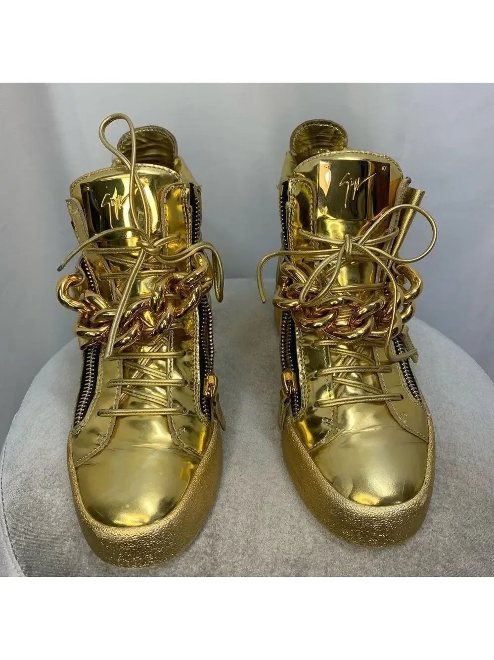Giuseppe Zanotti London Mirrored Leather Chain High  'Vegas Gold' hi-top sneaker
